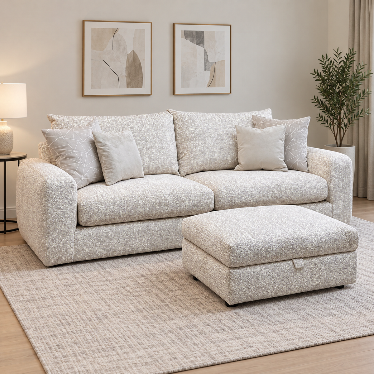 'Pandora' Chevron Ivory White Fabric 4 Seater Split Frame Sofa + Large Storage Footstool