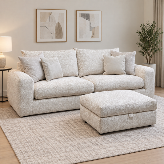 'Pandora' Chevron Ivory White Fabric 4 Seater Split Frame Sofa + Large Storage Footstool