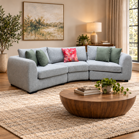 'Spencer' Light Grey Fabric Curved 4 Seater Sofa