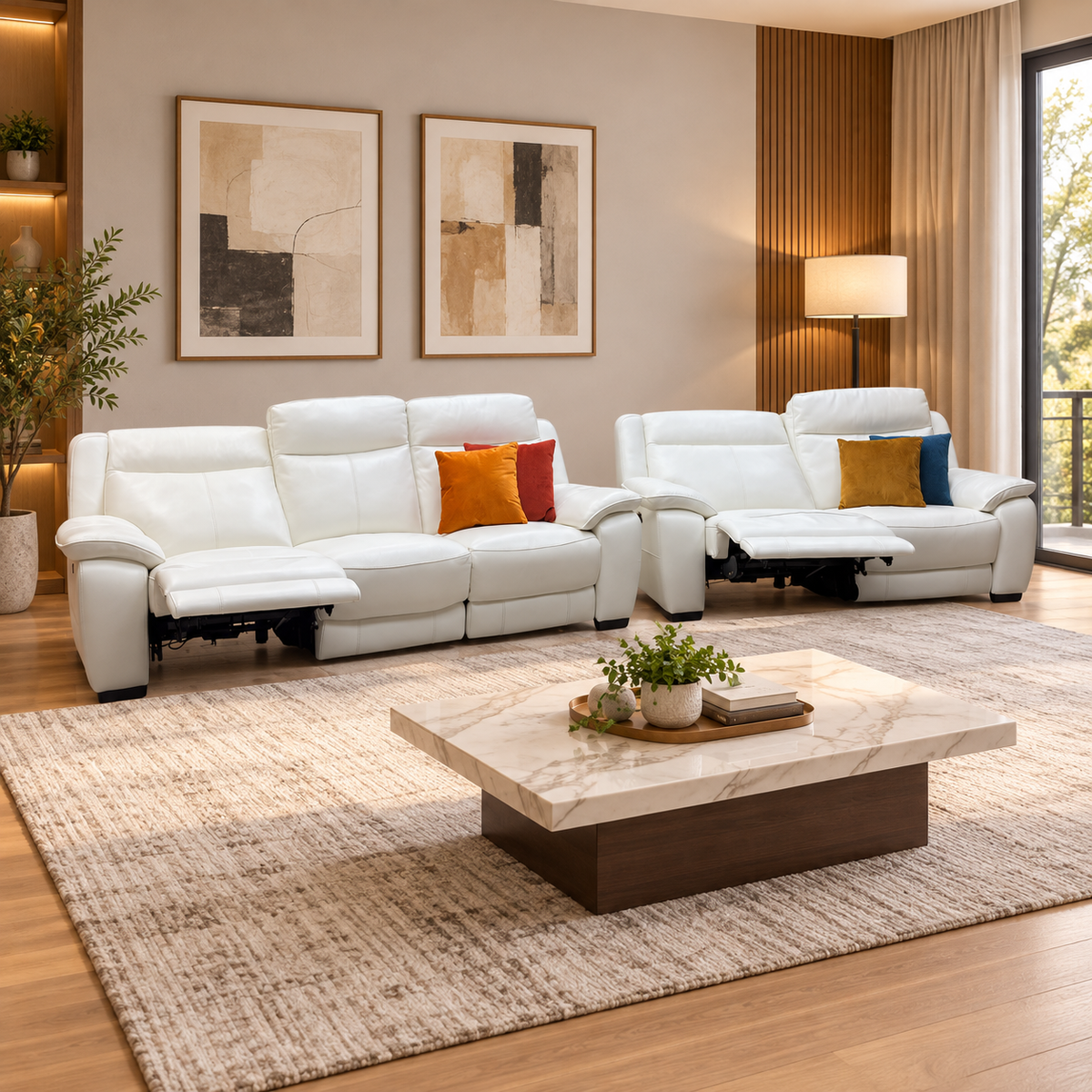 ‘Starlight Express’ White Leather 3 + 3 Seater Power Recliner Sofa Set
