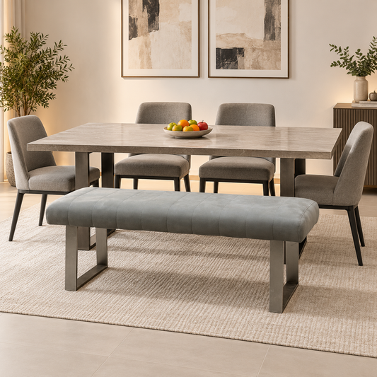 Grigio grey fabric dining bench in a dining room beside a grey table with four grey chairs