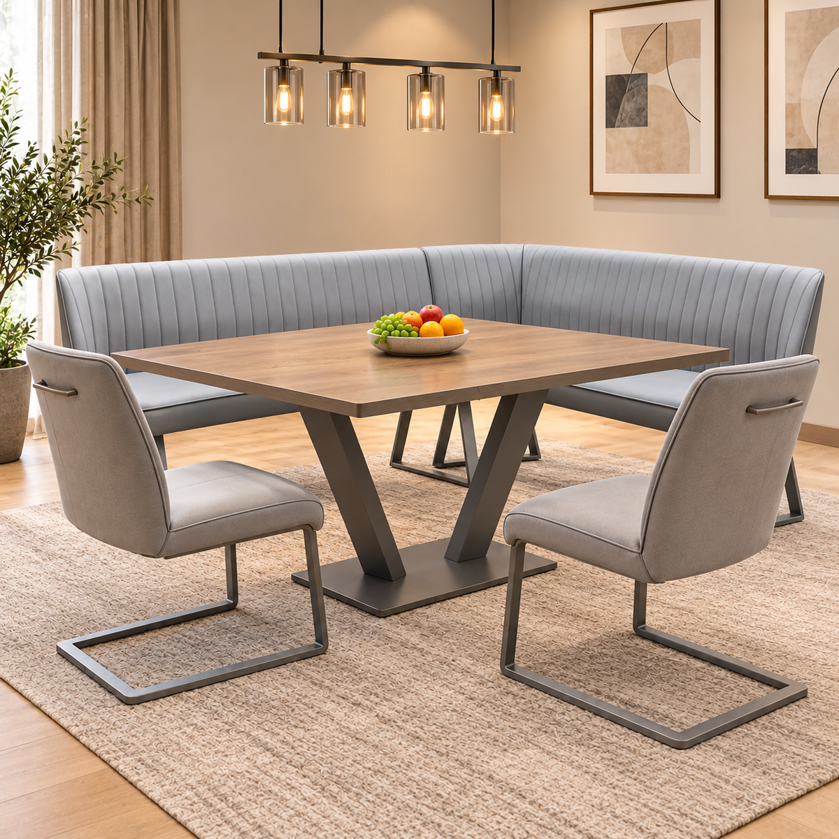 ‘Fumo’ Light Grey Faux Leather Right Hand Facing Corner Dining Bench