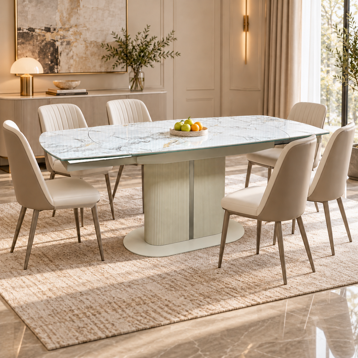 Avorio ceramic top extending dining table extended in a dining room with six cream chairs and a bowl of fruit