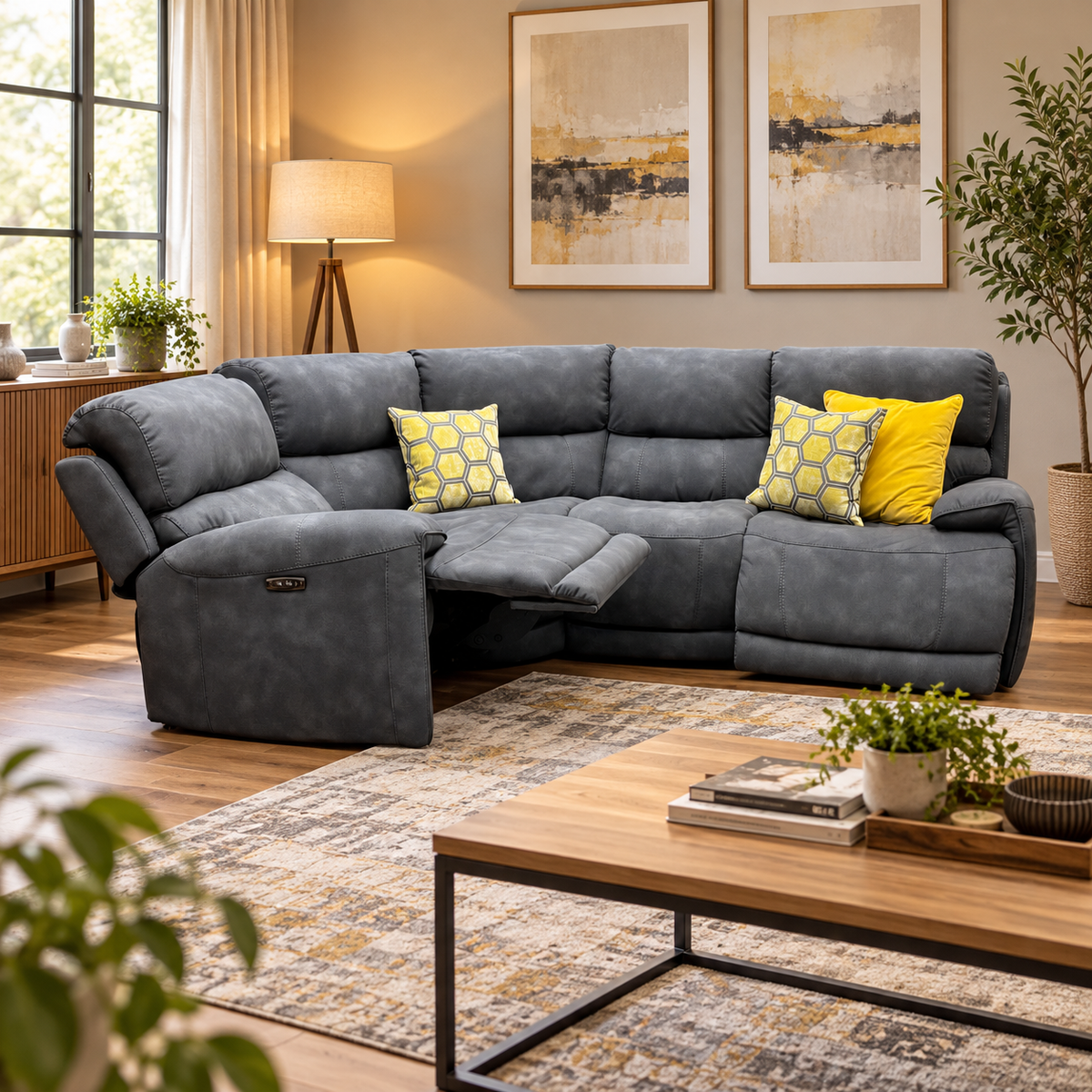Link charcoal grey suede fabric power recliner sofa in a living room with a footrest raised and yellow cushions