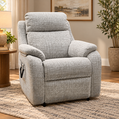 G Plan Kingsbury oatmeal fabric lift and rise recliner chair in a living room with a wooden side table and rug