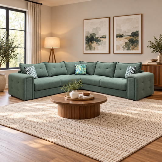Goliath moss green fabric large corner sofa in a living room with a round wooden coffee table and cream rug