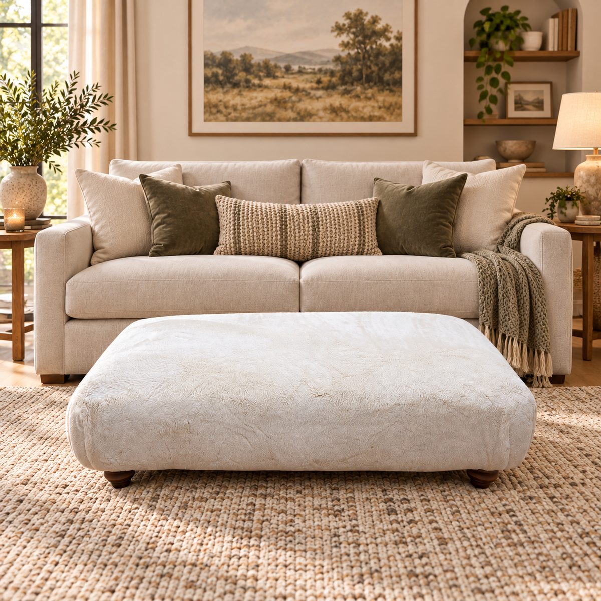 Blenheim Darwin ivory faux fur large footstool in front of a beige sofa on a jute rug