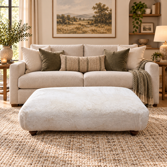 Blenheim Darwin ivory faux fur large footstool in front of a beige sofa on a jute rug
