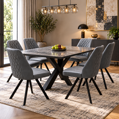 Six Jupiter grey faux leather swivel chairs around a grey marble-effect dining table in a dining room
