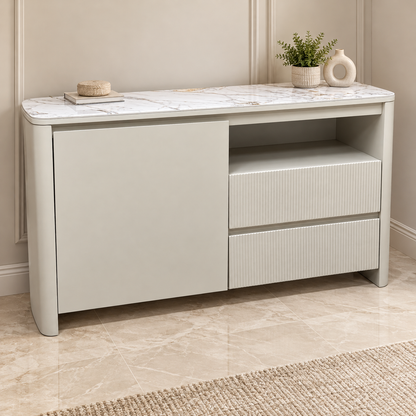 Avorio ceramic top small sideboard in a neutral room with a plant and bowl on the marble-effect top