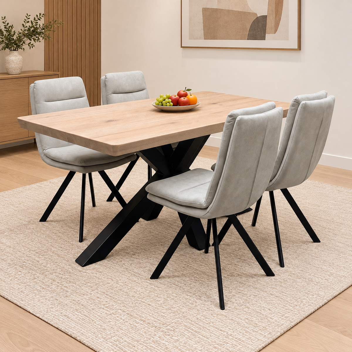 Bodahl 'Njord' 8 Vintage Grey Solid Oak 140cm Compact Soft Edge Dining Table with Sand Beige Fabric Swivel Chairs X 4