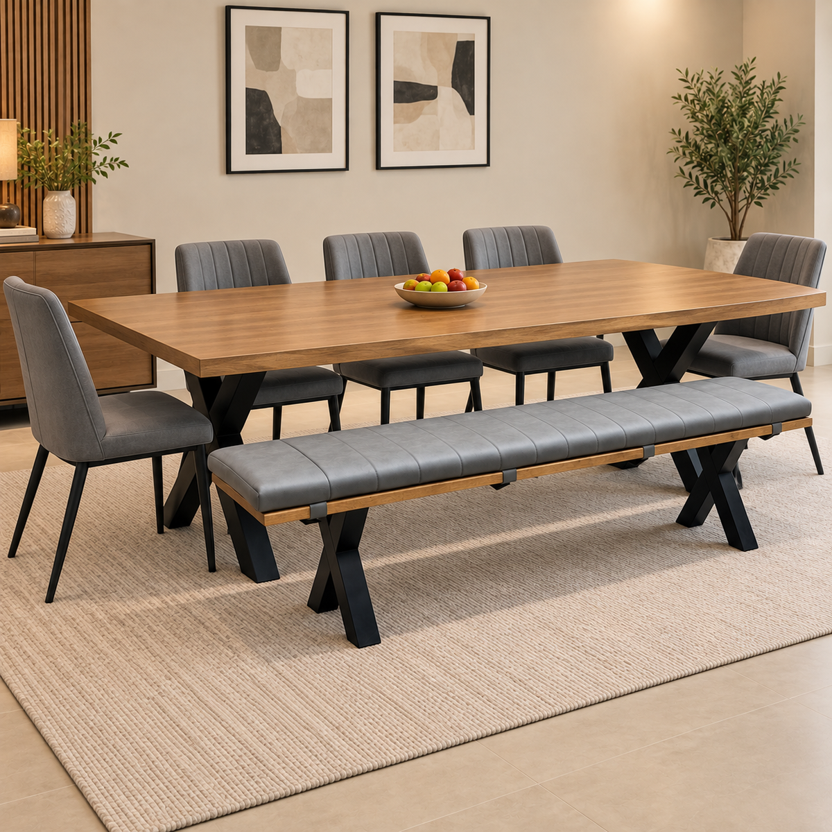 Bodahl ‘Njord’ 1 Oil Solid Oak 220cm Dining Bench with Metal X-Shaped Legs + Grey Bench Pad