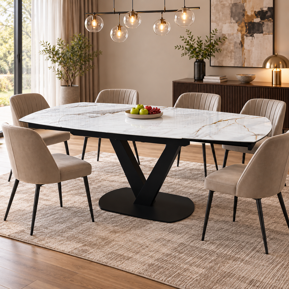 ‘Julio’ Fiorentino Marble Ceramic Top 130cm Swivel Extending Dining Table