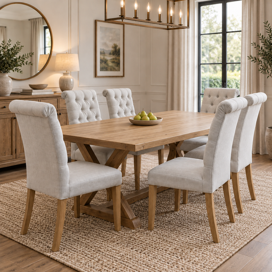 Furnitureland ‘Hamilton’ Taupe Fabric Roll Back Button Back Set of 6 Dining Chairs
