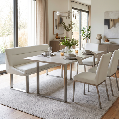 Avorio neutral faux leather high back dining bench at a dining table in a bright room scene