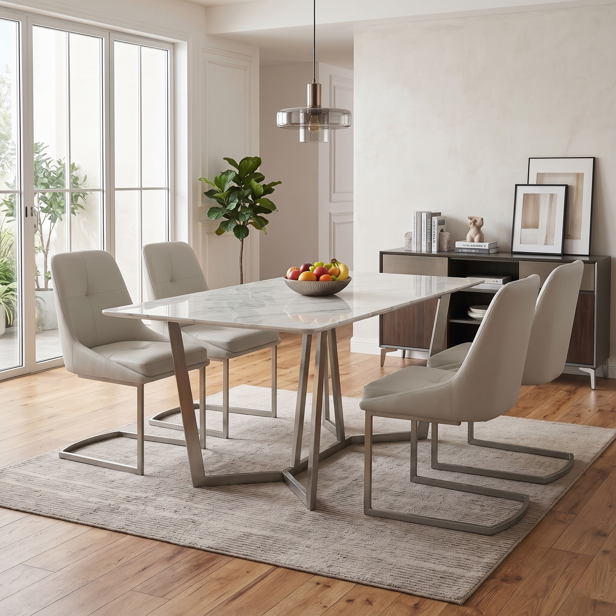 Avorio neutral faux leather cantilever dining chairs around a marble-effect table in a bright dining room