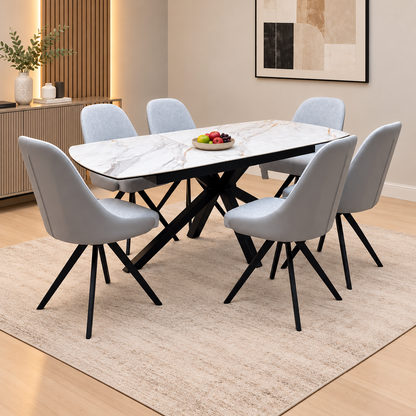 'Jose' Fiorentino Marble Ceramic Top 160cm Pop up Extending Dining Table with Stone Grey Faux Leather Swivel Chairs X 6