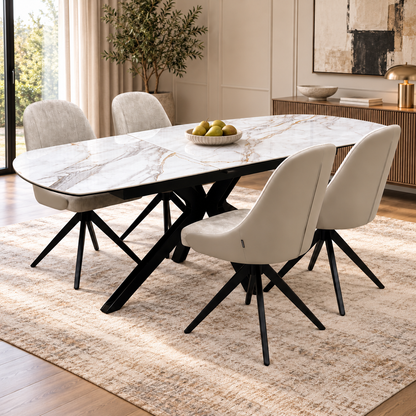 'Jose' Fiorentino Marble Ceramic Top 160cm Pop up Extending Dining Table with Pebble Beige Fabric Set of 4 Swivel Chairs