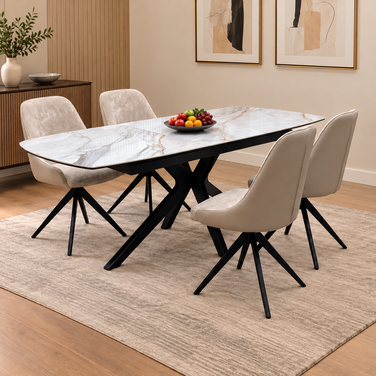 Jose Fiorentino marble ceramic dining table and four chairs in a room with a fruit bowl on a beige rug
