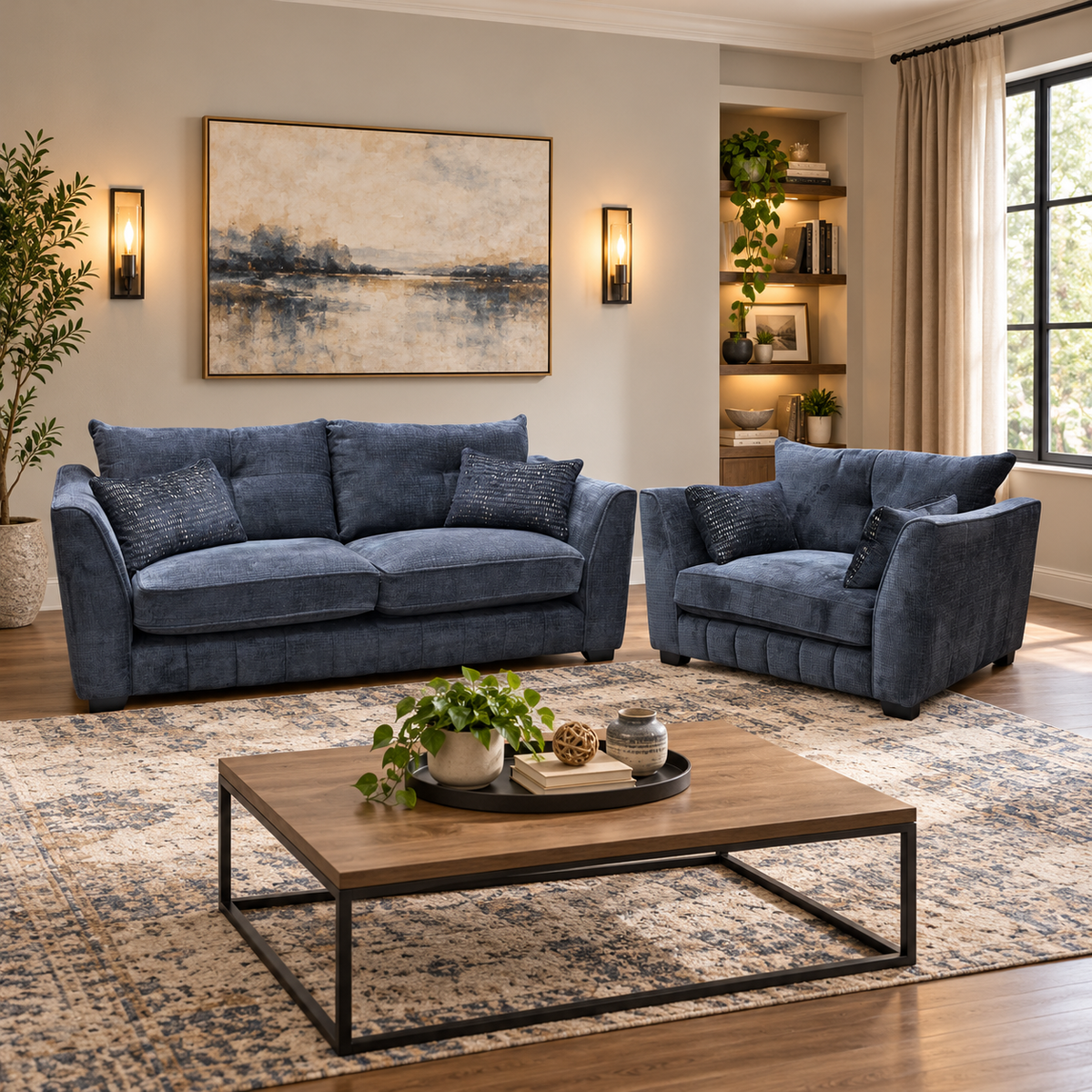 Allure indigo fabric 3 seater sofa and snuggler chair in a living room with a wooden coffee table and rug