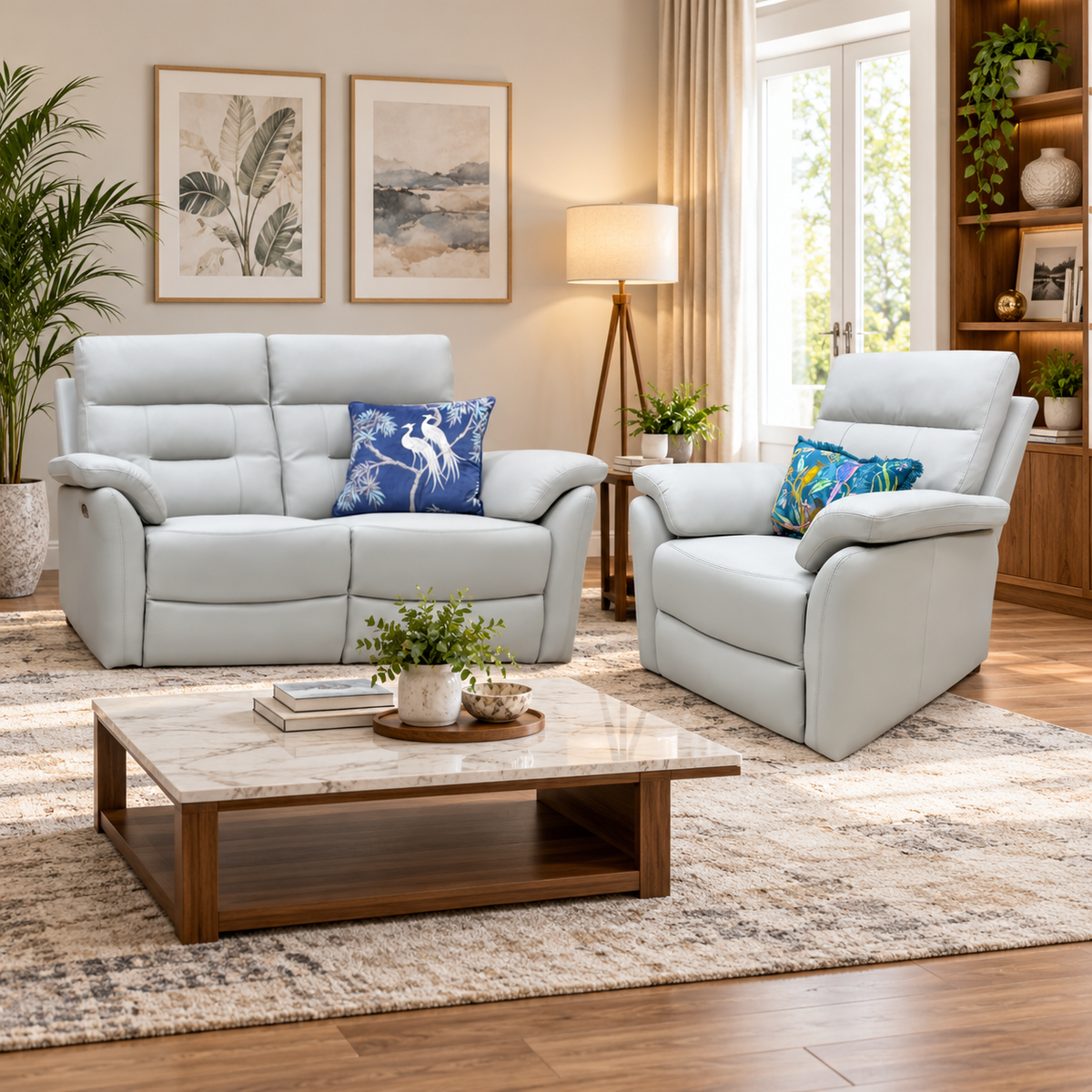 Sally light grey leather 2 seater sofa and armchair in a living room with a marble top coffee table and lamp