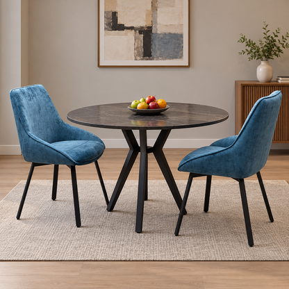 'Veja' Blue Velvet Fabric Pair of Swivel Dining Chairs