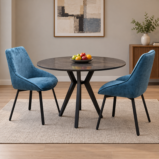 'Veja' Blue Velvet Fabric Pair of Swivel Dining Chairs