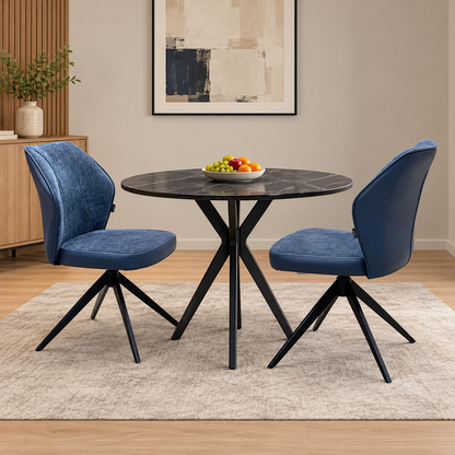 ‘Julio' Navy Blue Fabric Pair of Swivel Dining Chairs