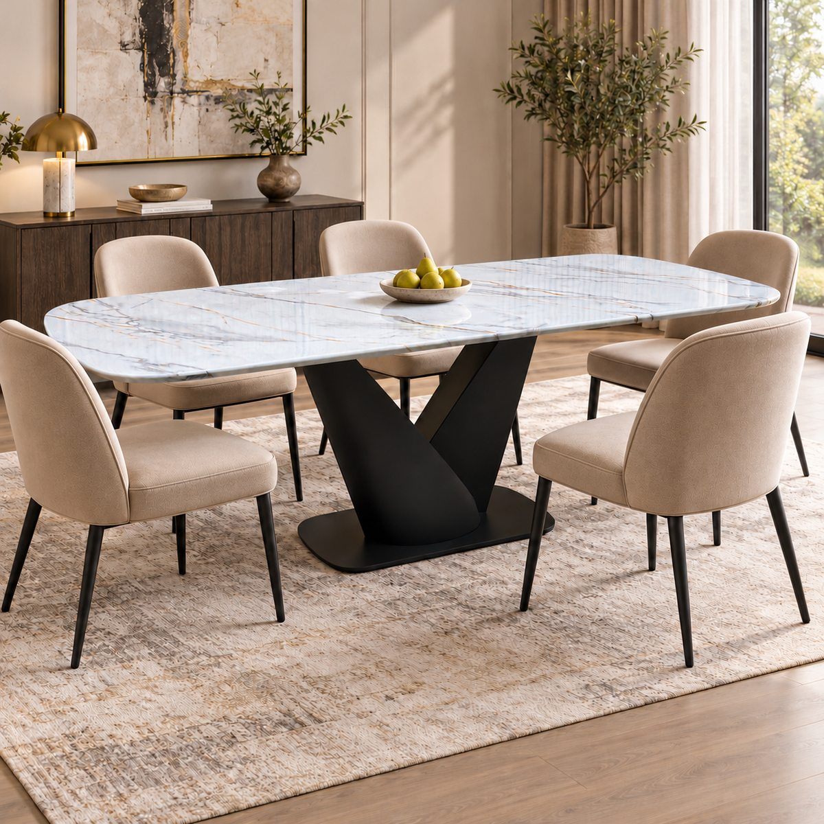 'Camino' Refined Marble and Ceramic Top High Gloss Dining Table