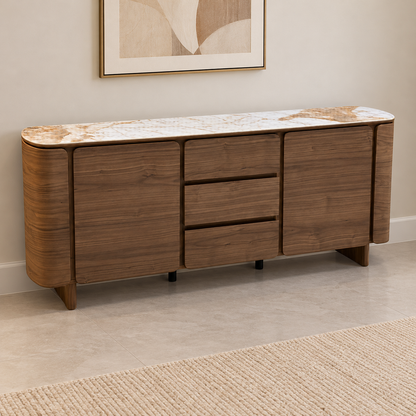 Mekong marble effect ceramic top sideboard with curved wooden sides in a room scene beneath abstract artwork