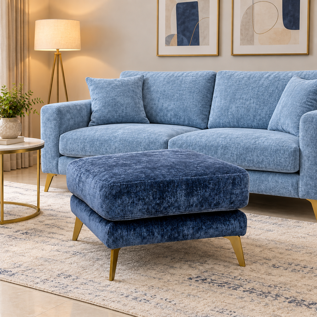 'Eclipse' Fab-Crn-R101 Ink Blue Br Chenille Fabric Footstool