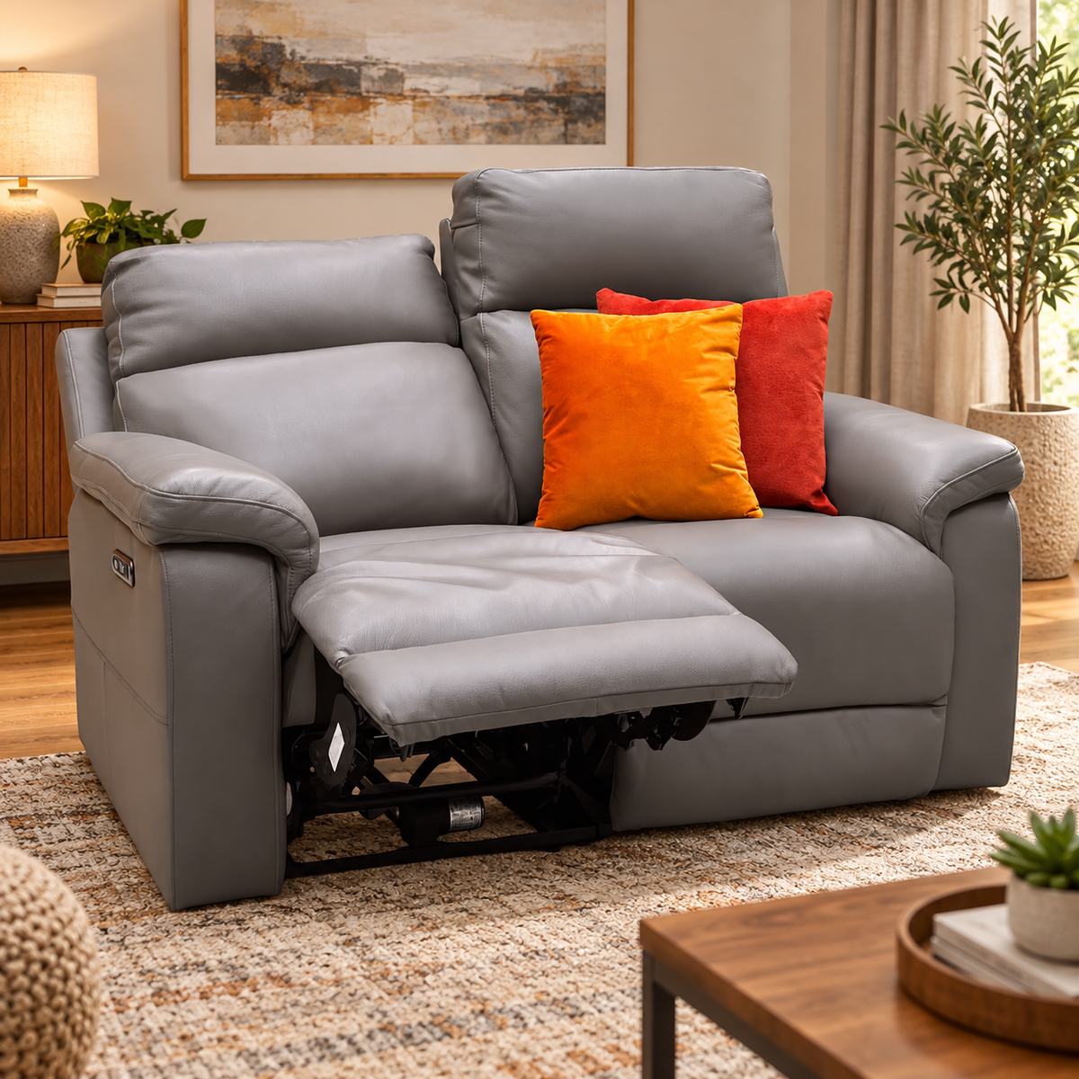 Raven elephant grey leather 2 seater power recliner sofa reclined in a living room with orange and red cushions