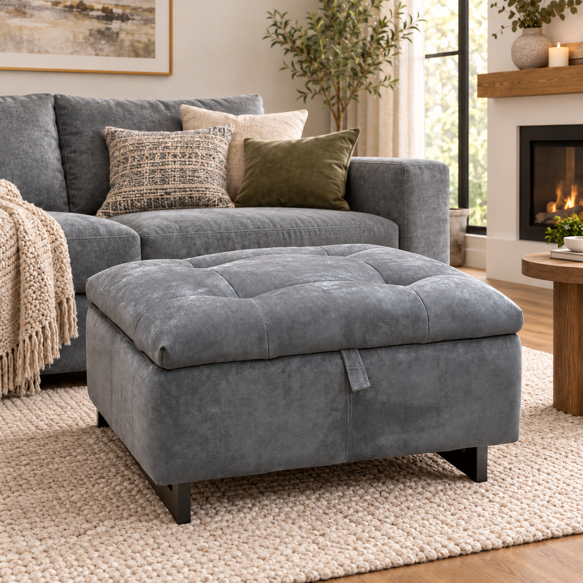 Moet charcoal grey storage footstool in front of a grey sofa in a living room
