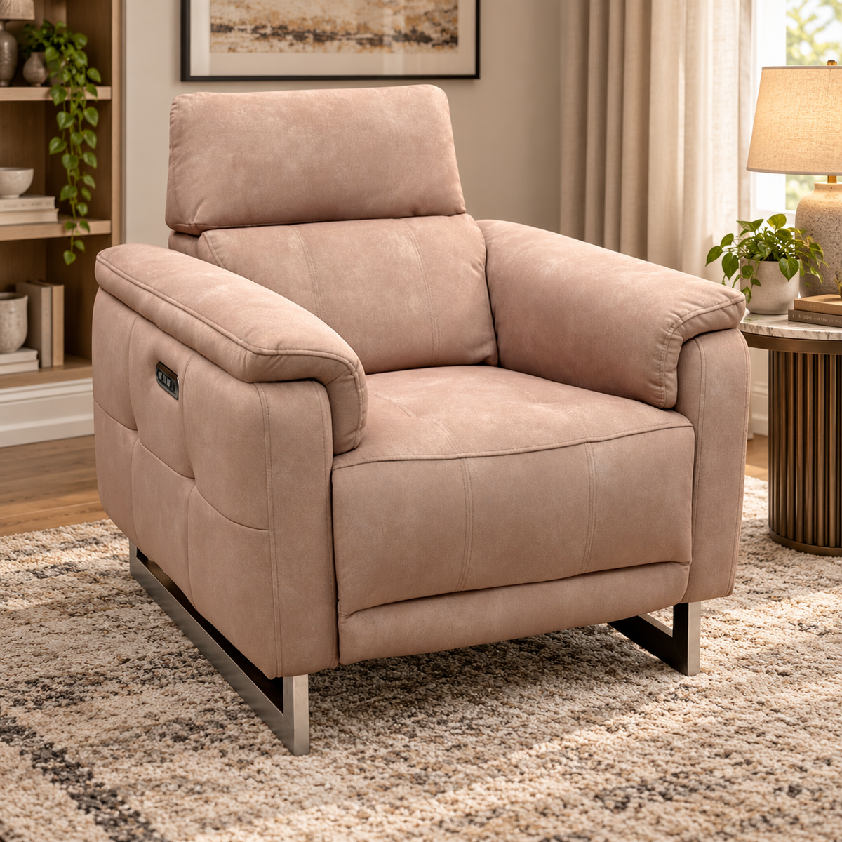 Moet Dexter sand beige velvet power recliner chair upright in a living room with a patterned rug