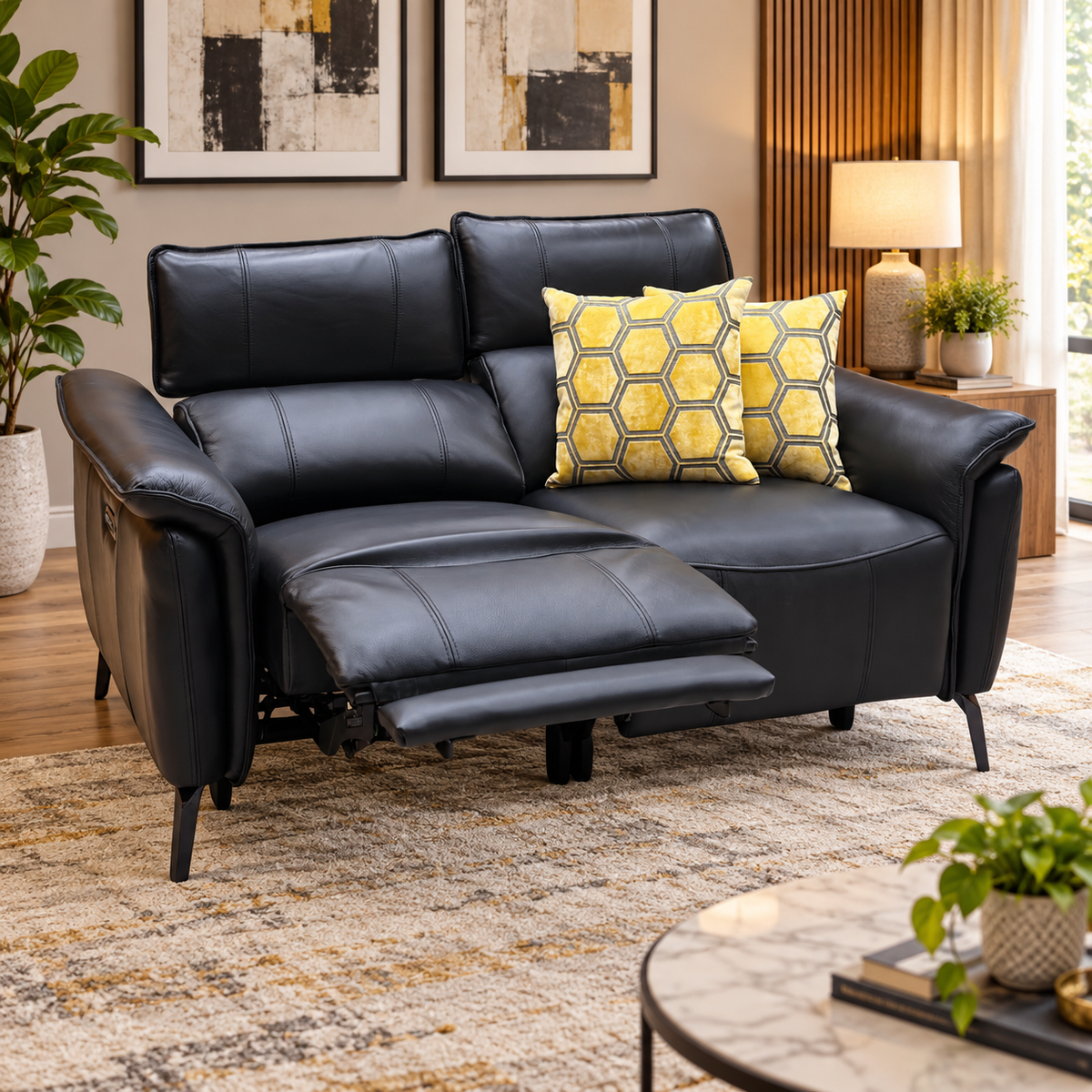 ‘Jude’ Oslo Jet Black Cat-40:23 2 Seater Leather  Power Recliner Sofa with Power Headrests and Power Lumbar