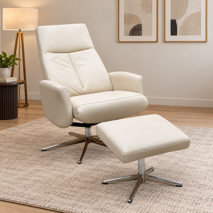 G Plan 'Vaasa' H007 Durham Dove Grey Leather Swivel Recliner Chair and Footstool with Chrome Base