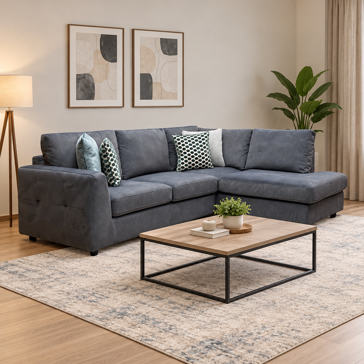 Dinky shadow grey velvet corner chaise end sofa in a living room with an oak and black coffee table