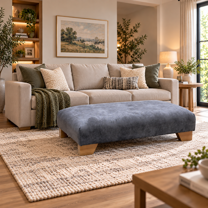 Aura mink velvet footstool in front of a beige sofa in a living room scene