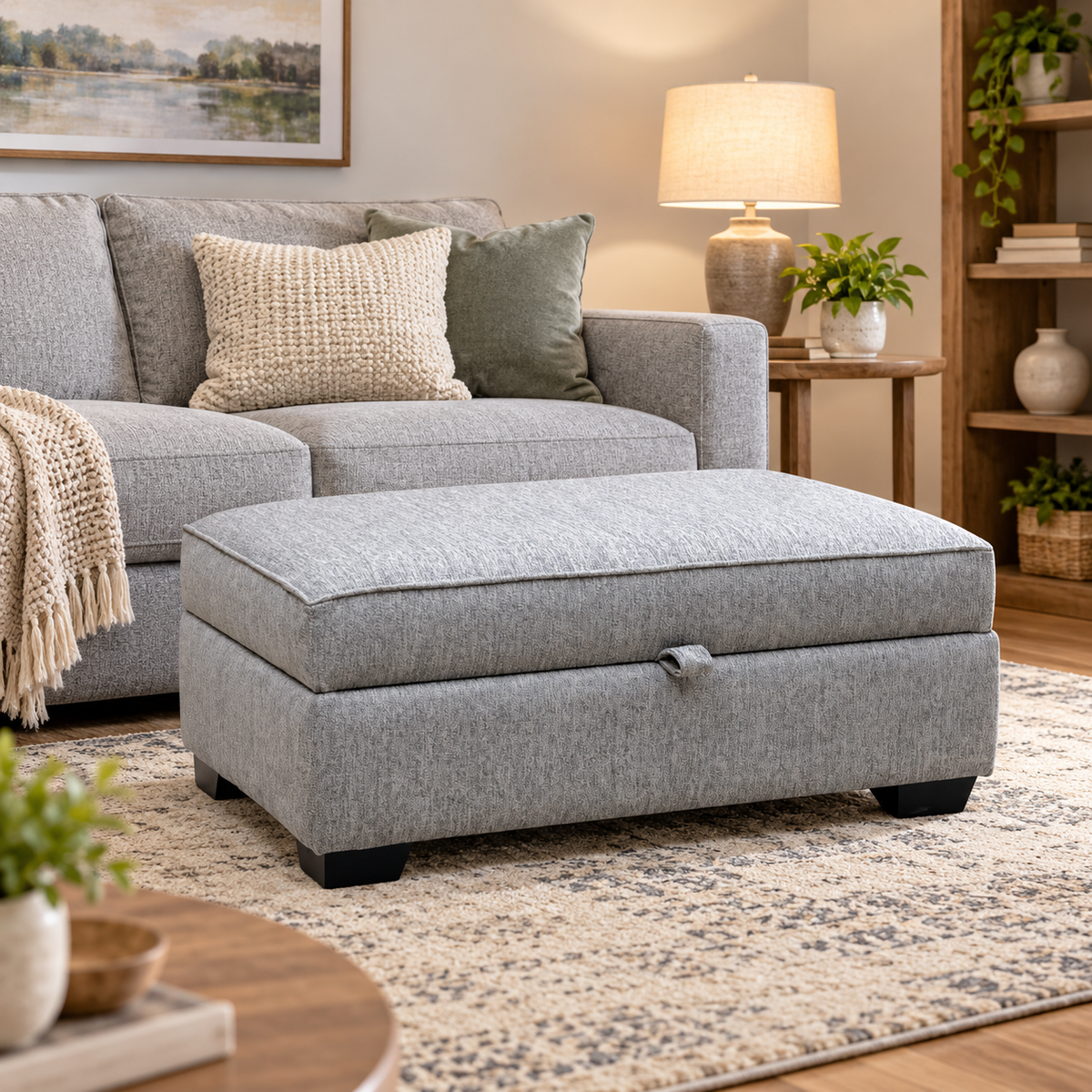 'Abberton' Iron Debdon Grey Plain Fabric Large Storage Footstool