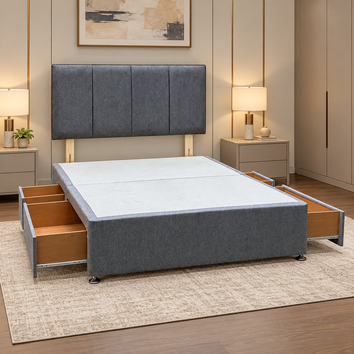 Artisan Collection Linear diamond grey fabric double headboard and 4 drawer divan base with drawers open in a bedroom