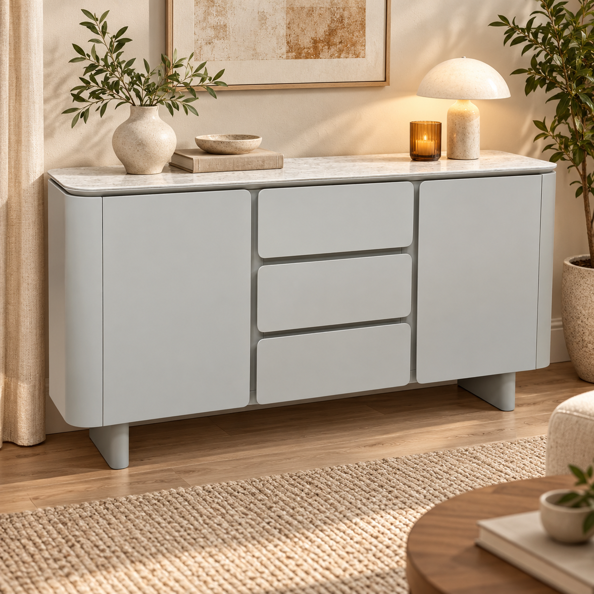 ‘Pebble' Neutral Ceramic Top 2 Door 3 Drawer Sideboard