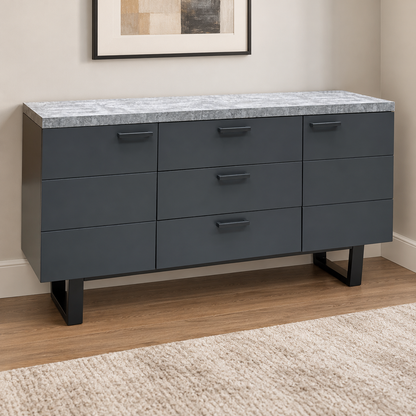 Moon grey concrete effect sideboard in a living room beneath a framed print, on a wood floor with a rug