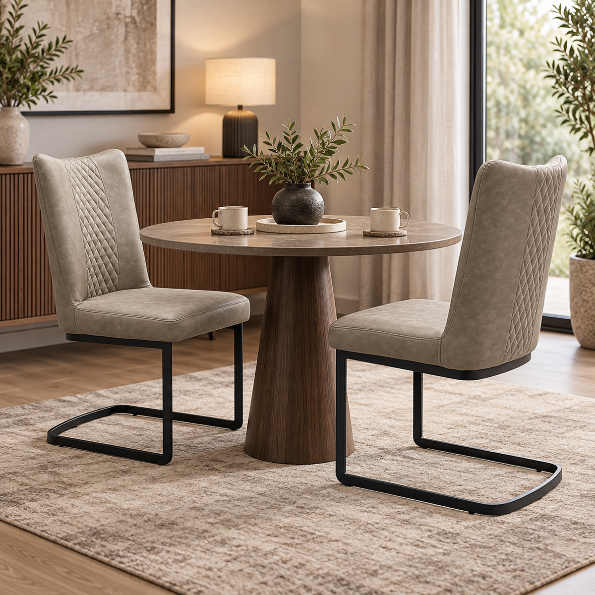 Bodahl Loki olive green fabric cantilever dining chairs either side of a round walnut table in a dining room