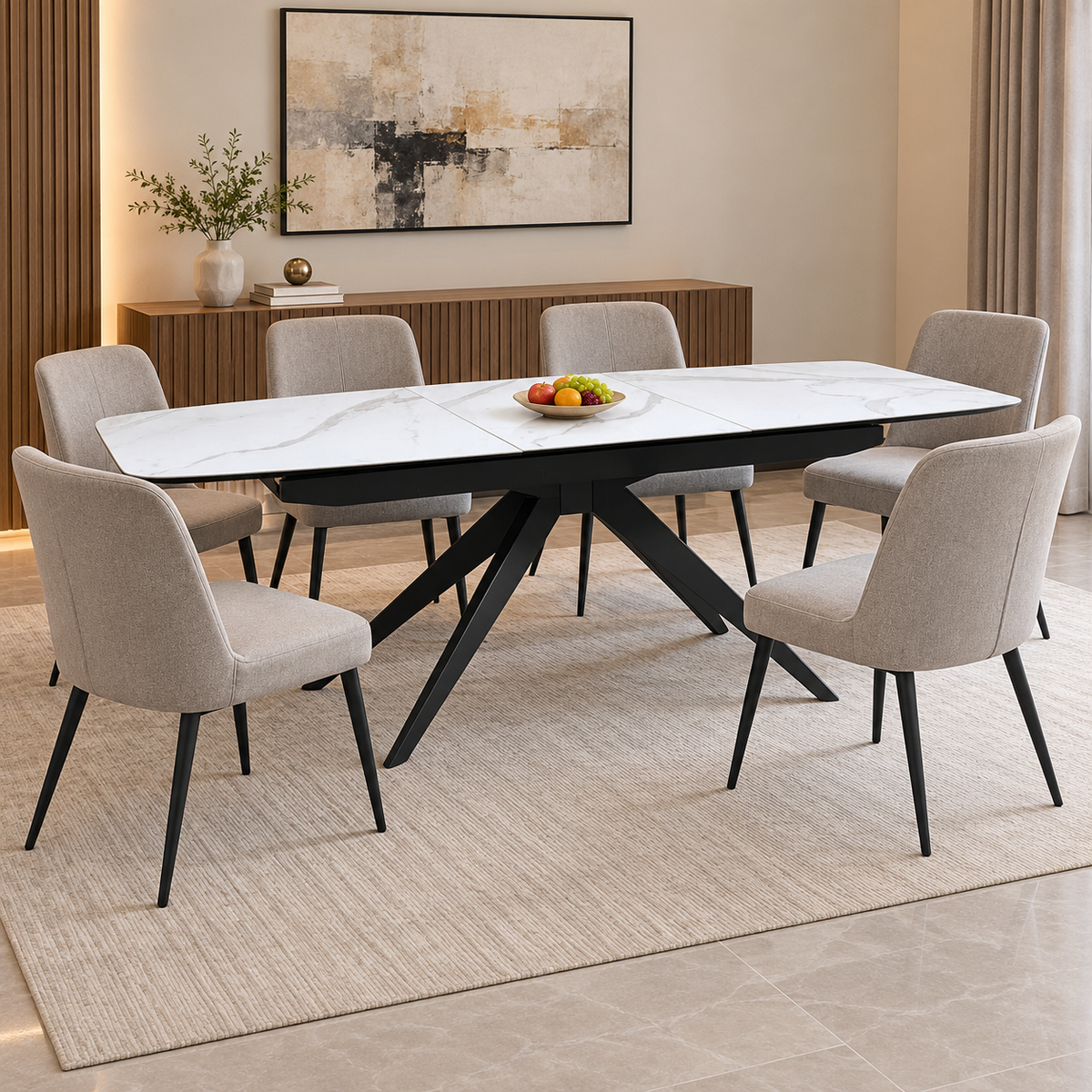 Carrera ceramic top extending dining table in a room scene with six beige fabric chairs and a fruit bowl
