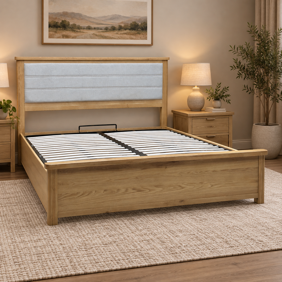 Augusta solid oak super king ottoman bed frame in a bedroom with oak bedside tables