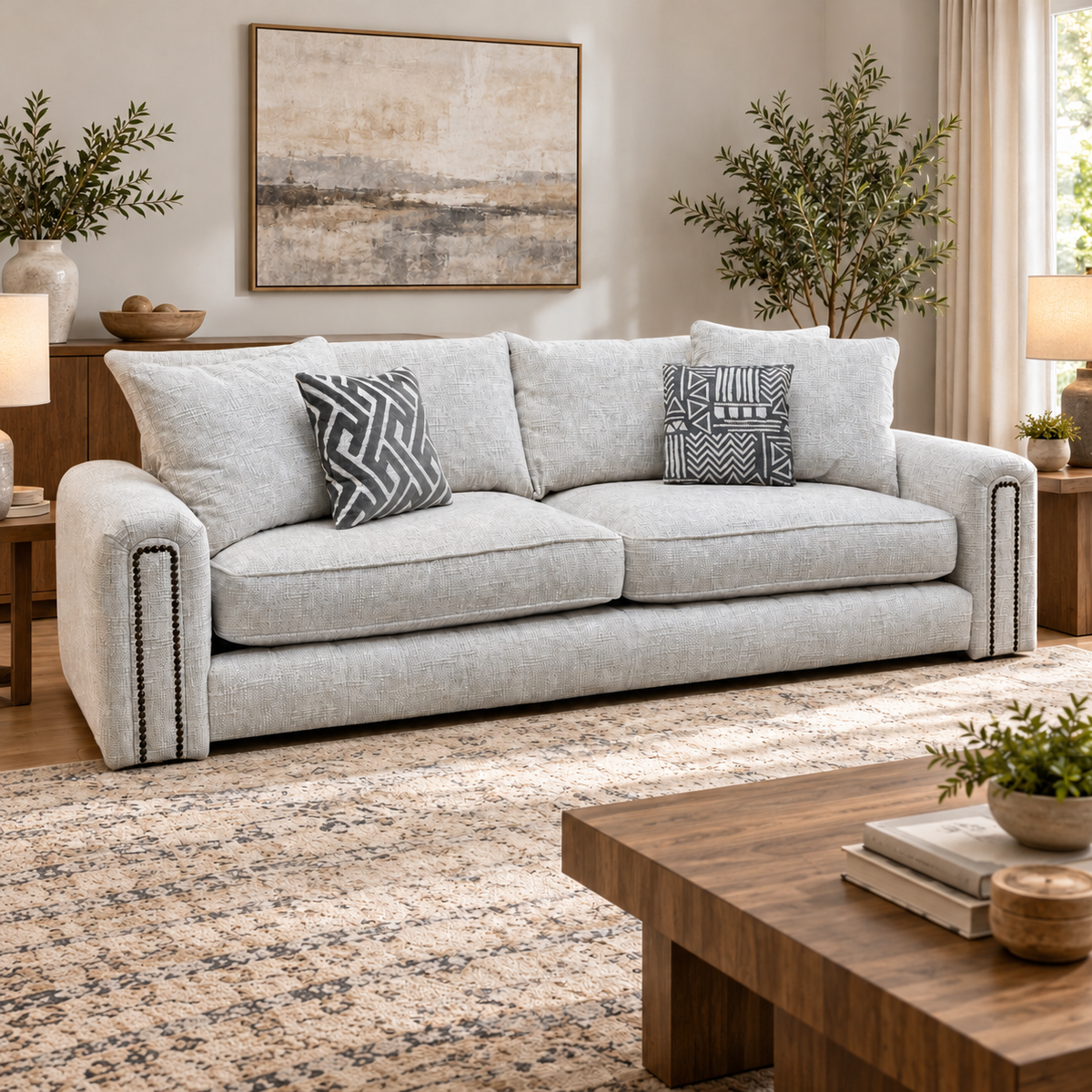 Retreat white woven fabric 4 seater sofa in a living room with a wooden coffee table and patterned rug