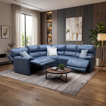 'Link' Nc-313e Ocean Blue Leather Large Power Recliner Corner Sofa with Power Headrests