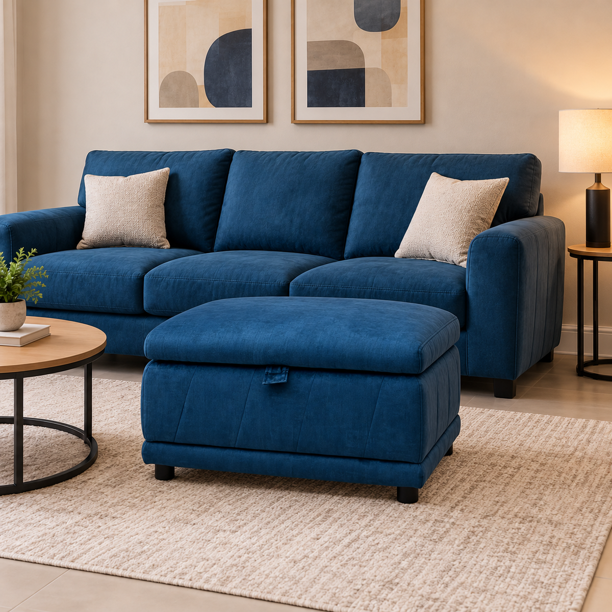Genius navy blue velvet storage footstool in a living room in front of a matching navy sofa