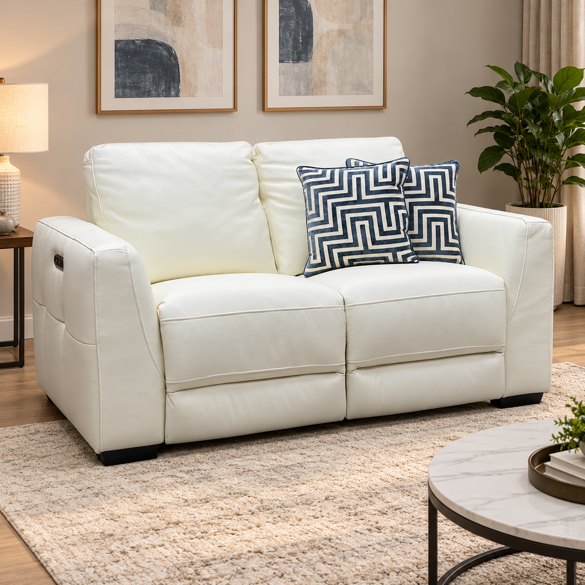 ‘Dinky' Cotton White Cat-40:13 Leather 2 Seater Power Recliner Sofa