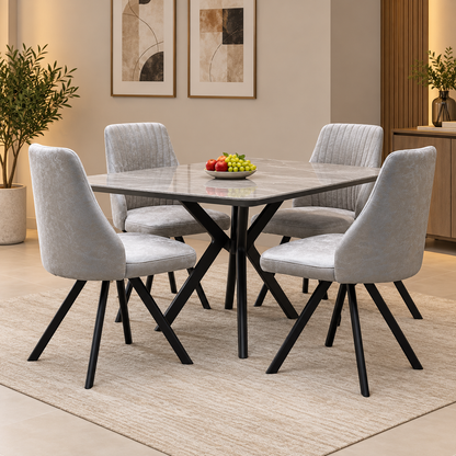 Vida taupe faux leather swivel dining chairs in a room scene around a grey marble-effect table
